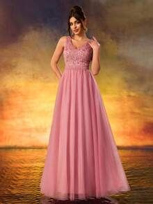 Vestido de dama de honor formal de malla con parches y lentejuelas para primavera - Rubor - Ver 8