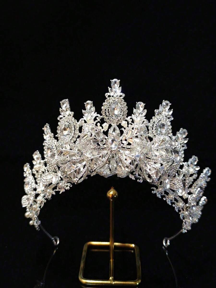 1pc Fashionable Luxurious Bride Wedding Alloy Silver Zirconia Crown Photography Headpiece Wedding Hair Accessory Crystal Rhinestone Headband New European American Style - Multicolor - View 1