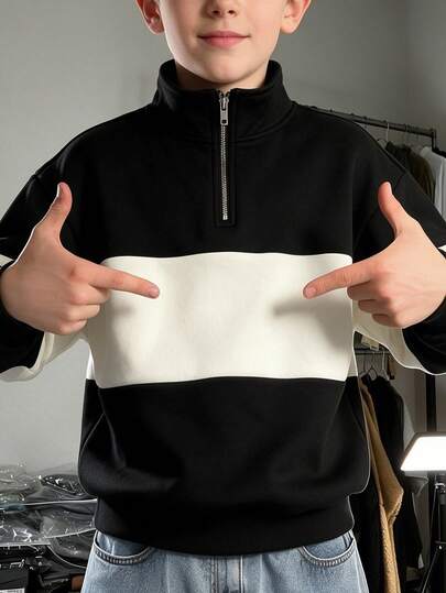 Boys' Colorblock Half-Zip Stand Collar Sweatshirt, Casual Long Sleeve Pullover, Autumn/Winter Kids' Sports Top