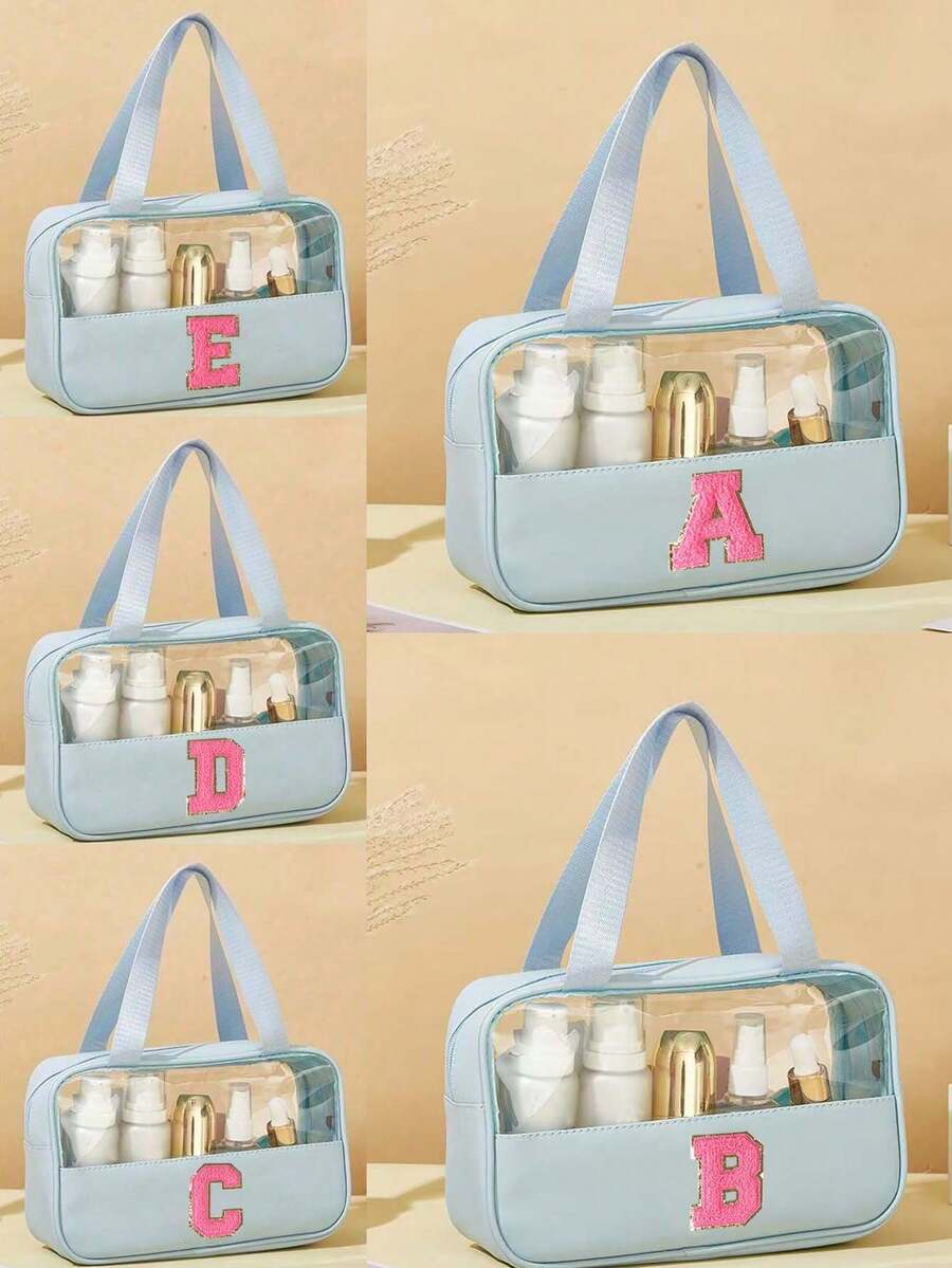 2/1pc Transparent PVC Material Toiletry Bag, Letter Makeup Bag With Embroidered Letters, Waterproof Travel Toiletry Bag, Letter Zipper Makeup Storage Bag, Cosmetic Organizer Bag, Portable Travel Makeup Bag, Suitable For Travel Toiletries - Multicolor - View 1