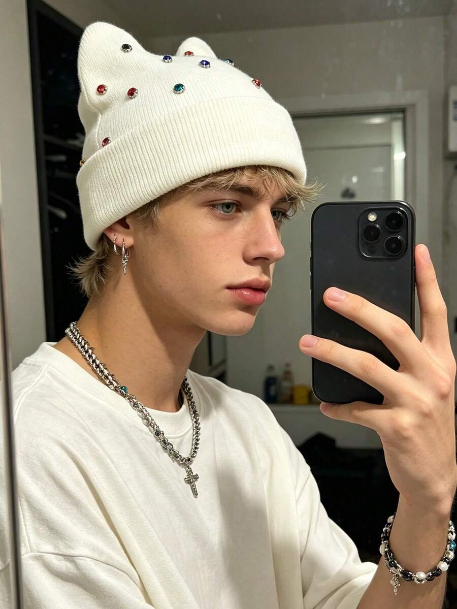 1pc Men's Y2K Rhinestone Cat Ear Knit Hat, Pearl Decor Hip Hop Beanie, Outdoor Warm Brimless Cap, Suitable For Street Outdoor Punk Hip Hop - Multicolor - View 1