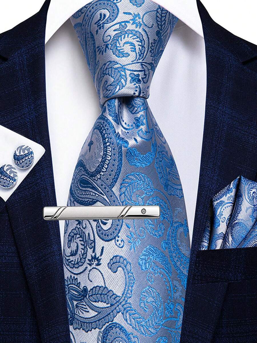 4Pcs Men Formal Suit Accessory Kit, Blue Paisley Jacquard Tie, Pocket Square, Cufflinks & Tie Clip, Random Cufflink Design - Blue - View 1