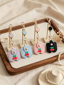 Fresh Cherry Decor Portable Key Pouch, Top Grain Leather Texture Home Key Case, Unisex Anti-Loss Key Organizer Bag, With Retractable Hook For Easy Carrying, Compact And Exquisite Design, Easily Store Home Keys, Sturdy Metal Buckle Not Easily Detached, Cute And Sweet Style, Practical For Daily Use - Multicolor - View 3