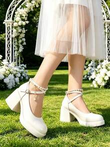 Elegant Mary Jane Shiny Beige High Heel Cross Strap Fashion Loafers Party Shoes - Beige - View 12