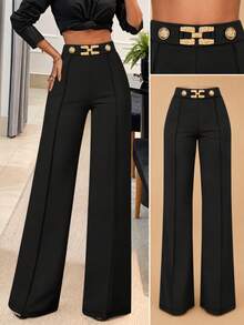 Women's Elegant High-Waist Wide-Leg Pants With Gold Chain Decor, Fashionable Polyester Long Pants, Suitable For New Year Outfit, Non-Stretch Full Length Design Solid Color Metal Chain Office Professional - Black - View 1