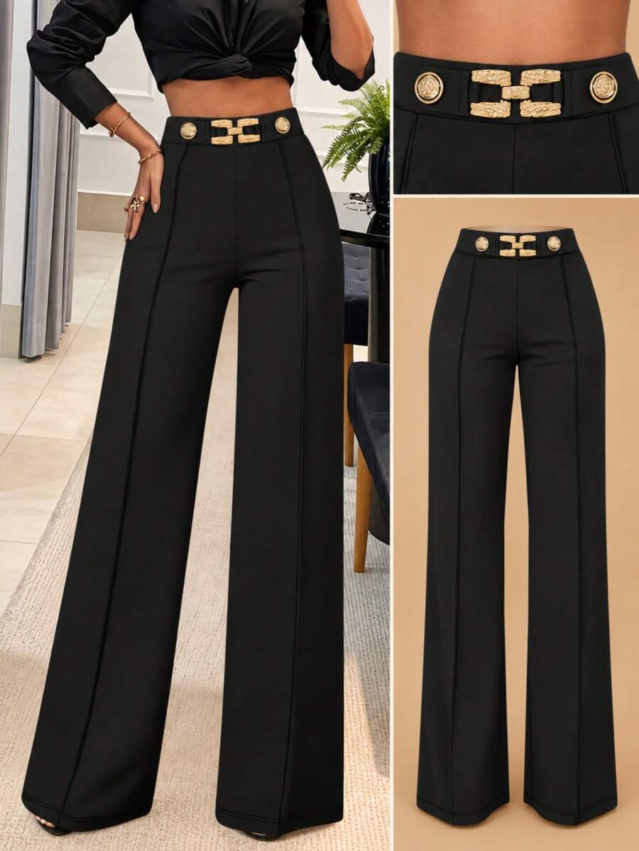 Women's Elegant High-Waist Wide-Leg Pants With Gold Chain Decor, Fashionable Polyester Long Pants, Suitable For New Year Outfit, Non-Stretch Full Length Design Solid Color Metal Chain Office Professional - Black - View 1