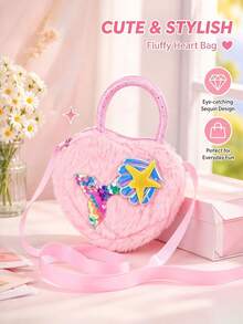 1pc Children's Heart-Shaped Mermaid Tail & Starfish Sequin Decor Plush Detachable Shoulder Strap Large Capacity Cute Style Handbag/Crossbody Bag, Suitable For Parties And Daily Outings - Multicolor - View 3