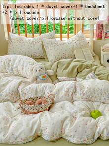 Fresh Floral Down Comforter Cover 4-Piece Set, Pastoral Aesthetic Colorful Small Flower Bedding, Includes 1*Duvet Cover+1*Bed Sheet+2*Pillowcases, With Zipper Design, Soft Botanical Room Decor, Solid Color Bed Sheet, Versatile For Daily Use, No Filling Included - Pastel Green - View 2