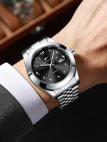 RICECGO 1pc Business Casual Men's Calendar Watch, Stainless Steel Band, Arabic Numerals, Suitable For Anniversary, Birthday, Graduation Gifts - Silver - View 2
