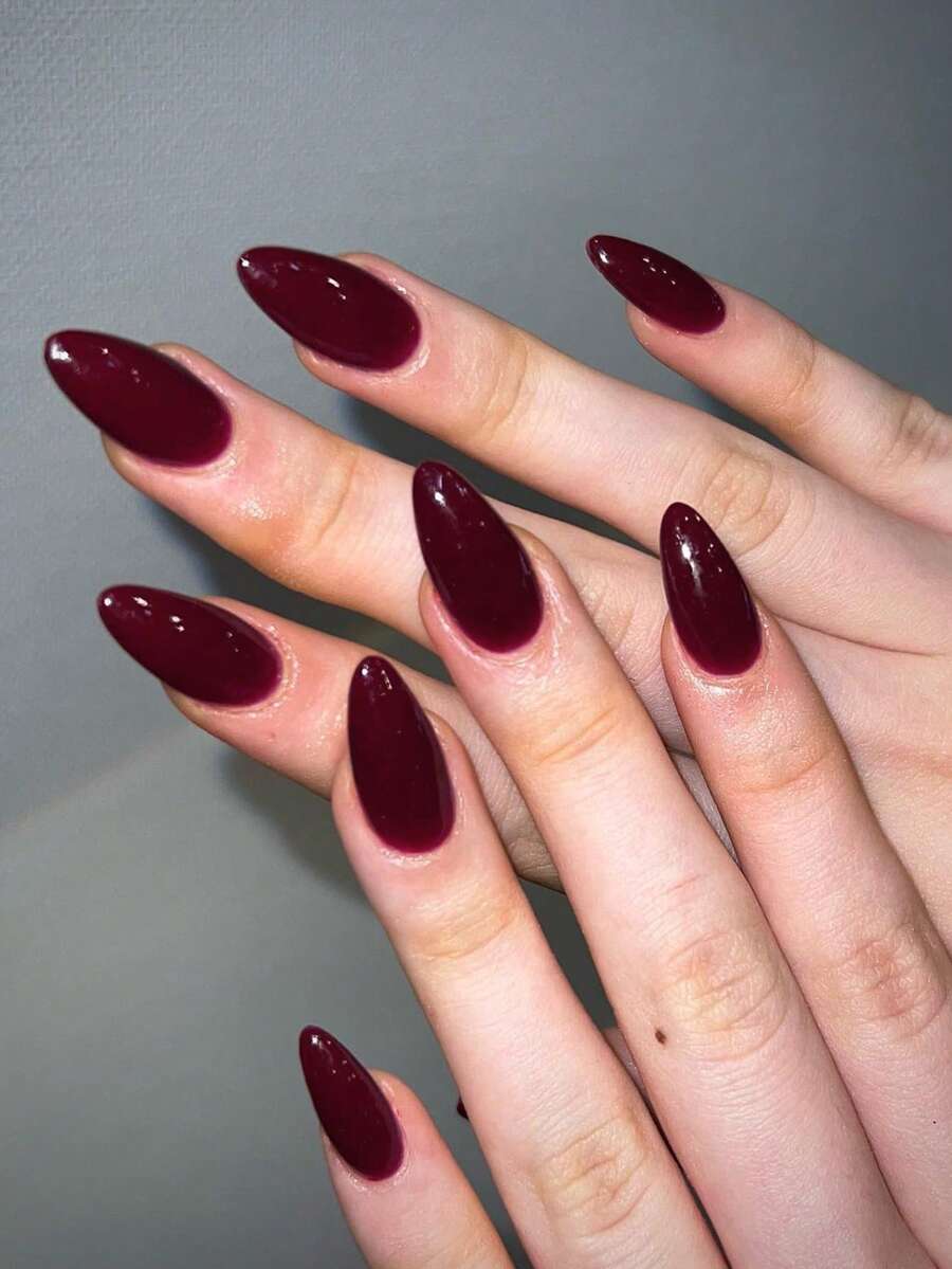 30pcs Long Almond Shaped Acrylic Nail Stickers, Medium Fit, Perfect Fit. Set Includes: 1pc Jelly Glue And 1pc Nail File. Red Nail Stickers, Fall Nails Suitable For Women And Girls Daily And Party Use. - Red Violet - View 1