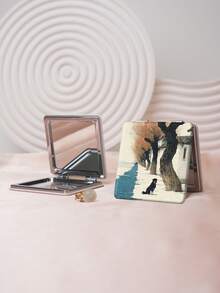 1PC Ins Series Portable Vanity Mirror, Foldable Lightweight Ultra-Thin Convenient Hand Mirror, PU Leather, Suitable For Multiple Scenarios And All People, Foldable Small Square Mirror, Pocket Mirror, Modern Style Snowy Landscape Puppy And Deer Printed Pattern Design, Exquisite Handheld 180° Flip Cover Multi-Function Mini Mirror - Multicolor - View 2