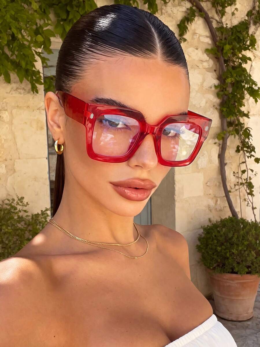 1 Pair Women's Square Large Frame Red Premium Fashion Non-Prescription Glasses, Suitable For Daily Life, Office, Watching TV, Gaming, Phone Use And More - Red - View 1