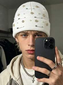 OBOVAY 1pc Men's Y2K Pin Rhinestone Pearl Knit Hat, Pin Decorated Rimless Beanie, Rhinestone Fashion Knit Hat, Suitable For Street Party Hip-Hop - Multicolor - View 1