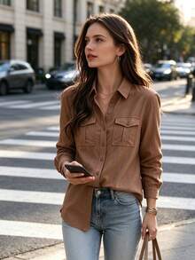 Coffee Brown Solid Color Long Sleeve Single Breasted Casual Utility Pocket Shirt Cotton Feel Comfortable Blouse Daily Wear Commute - Coffee Brown - View 2