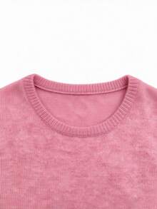 Women's Wool Blend Soft Knit Short Sleeve Top, Loose Fit, 15% Wool Content, Basic Crew Neck Solid Color Half Sleeve Knit Sweater, Lightweight Luxury Minimalist Commuter Inner Layer, Quiet Luxury Style, Suitable For Office And Business Use - Watermelon Pink - View 8