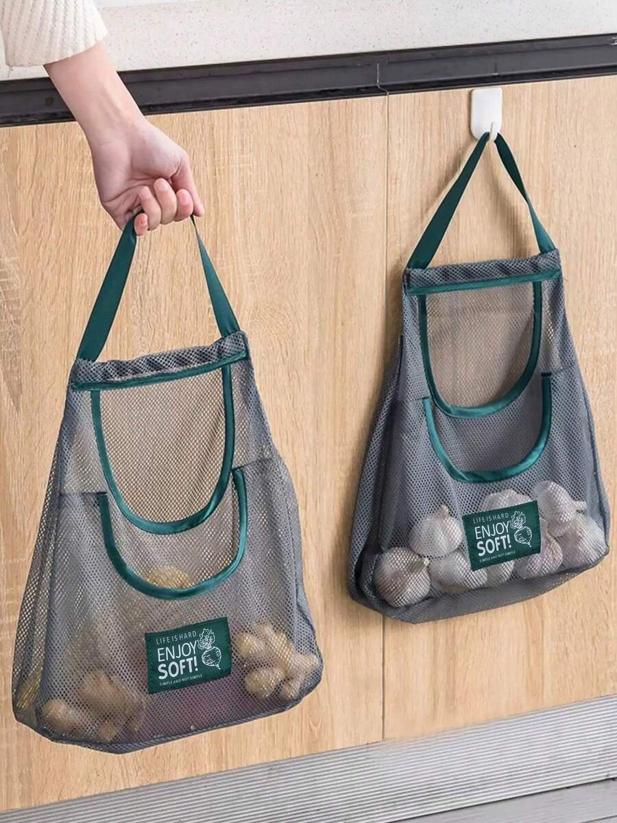 Hanging Mesh Storage Bag With Hook, Fiber Vegetable Storage Bag (Single Pocket/Double Pocket Optional), Reusable, Suitable For Kitchen Fruit, Onion, Garlic And Vegetable Breathable Shopping Storage Tote Bag, Christmas Gift - Double-layer Mesh Bag - View 1
