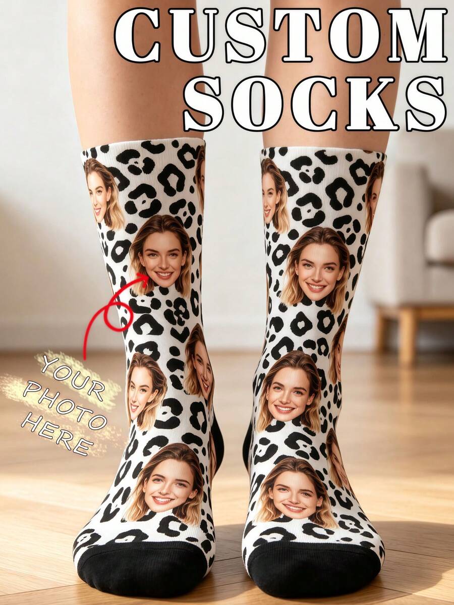 Custom Face Leopard Print Socks, Personalized Photo Mid-Calf Crew Socks, Unique Custom Gift Socks - Multicolor - View 1