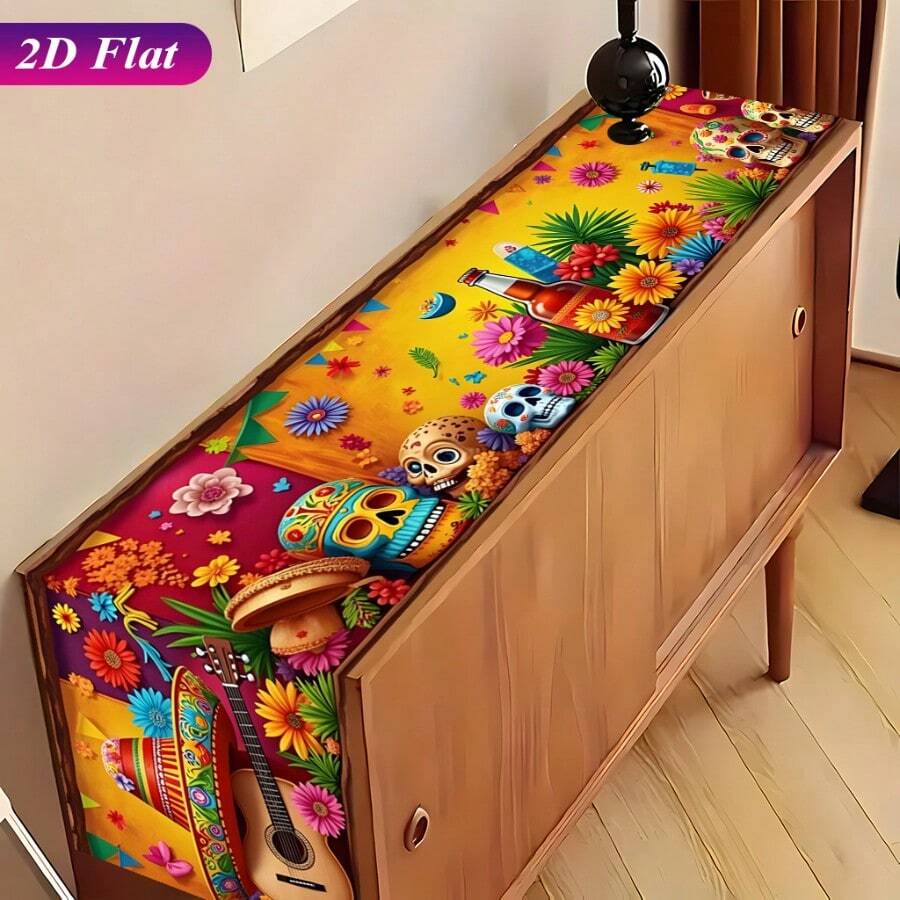 2D Flat, 1 Piece, Colorful Skeleton For The Day Of The Dead, Rectangular Tablecloth, Exquisite Desktop Flag, Polyester Material, Romantic Home Decoration, Suitable For Dining Tables, Coffee Tables, Shoe Cabinets, TV Cabinets, Desktop Decoration - 2 - View 1