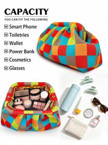 Fashionable New Pleated Plaid Cloud Clasp Clutch Bag, Large Capacity Makeup Bag, Lightweight Foldable Suitable For Daily Work, Makeup, Party, Vacation, Holiday Gift - Multicolor - View 6