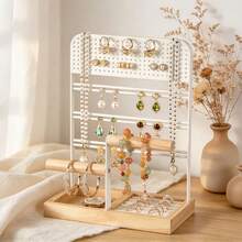 4-In-1 Jewelry Display Stand, White Metal & Natural Wood Earring, Necklace, Ring, Bracelet Storage Rack, Desktop Vanity Jewelry Organizer Box, Home & Shop Dual Use - White - View 5