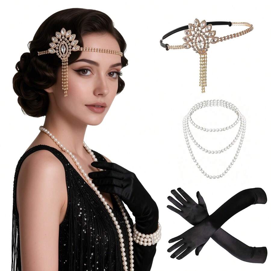 3pcs 1920s Flapper Gatsby Costume Accessories Set 20s Vintage Pearl Necklace Gloves Rhinestone Party For Women - HD6496 - View 1