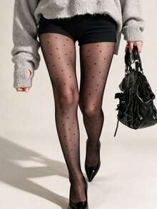 1 Pair Of Black Polka Dot Pantyhose For Ladies, Suitable For Daily Wear - Black - View 1