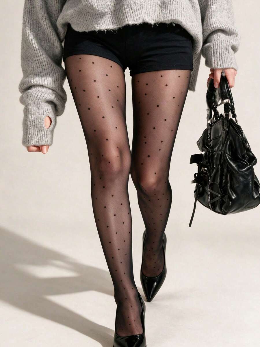 1 Pair Of Black Polka Dot Pantyhose For Ladies, Suitable For Daily Wear - Black - View 1