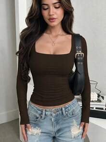 GLAMSKIN Women's Spring/Summer Basic Y2K Square Neck Long Sleeve Slim Fit T-Shirt, Solid Color Sexy Fitted Cropped Top, Suitable For Casual Outings, Daily Streetwear, Back To School - Rust Brown - View 1