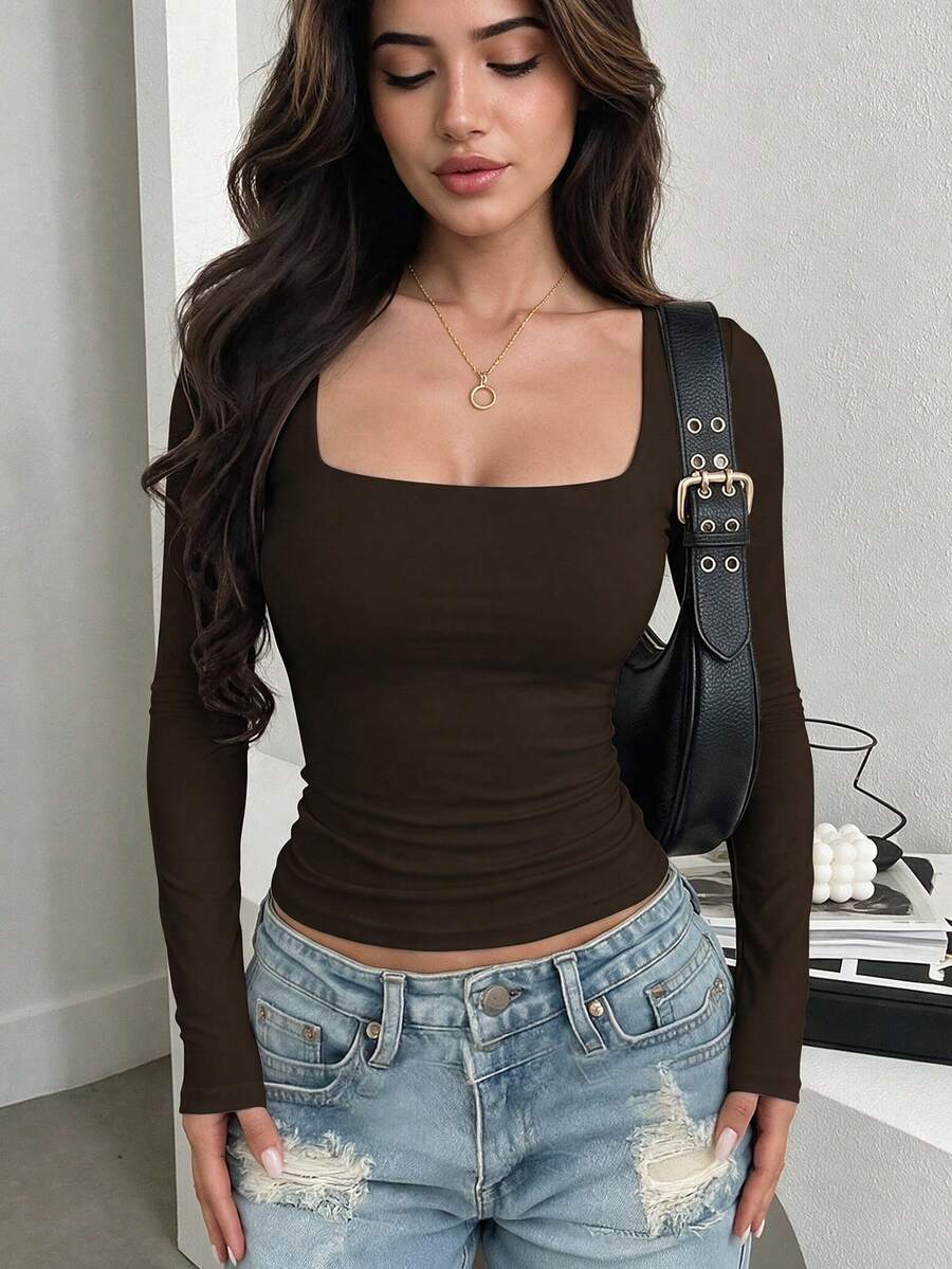 GLAMSKIN Women's Spring/Summer Basic Y2K Square Neck Long Sleeve Slim Fit T-Shirt, Solid Color Sexy Fitted Cropped Top, Suitable For Casual Outings, Daily Streetwear, Back To School - Rust Brown - View 1