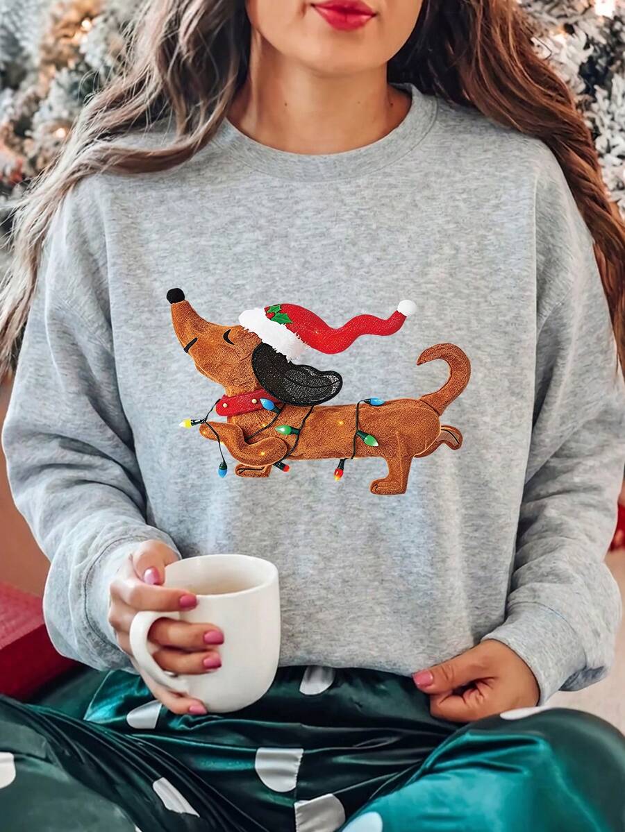Women's Long Sleeve Crew Neck Sweatshirt, Printed With Playful Halloween "Trick Or Treat" Chick Pattern, Suitable For Autumn/Winter Wear - Light Grey - View 1