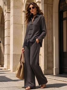 Women's Black Non-Stretch 2 Pieces Set Striped Lapel Long Sleeve Top With Lace Trim And Flare Pants - Black - View 4