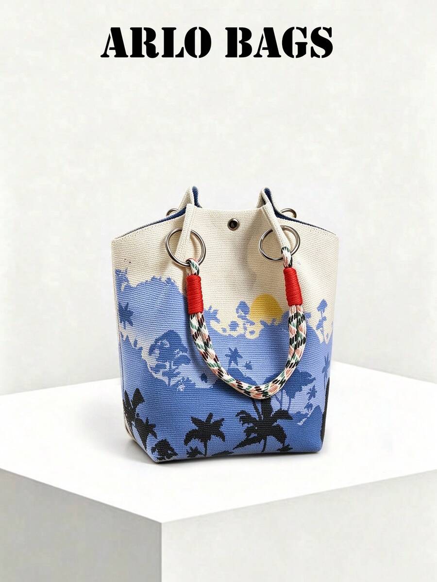 Printed Knit Bucket Handbag, Compact With Ample Capacity, Campus And Daily Accessory. Essential Item For College Students And Fashion Enthusiasts, Suitable For School, Library, After-Class Outings And Casual Campus Outfits. - Multicolor - View 1