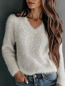 SEREN Soft Plush Glitter V-Neck Short Long Sleeve Sweater For Women, Y2K Top, Gentle Atmosphere Slim Fit Knit Sweater, Suitable For Autumn/Winter - White - View 2
