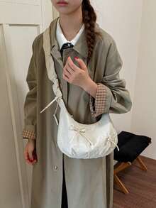 1件米色蝴蝶結尼龍布料抓皺雲朵包，拉鍊開合，女款單肩斜挎手提包，四季適用青春風 - 米色 - 查看 7