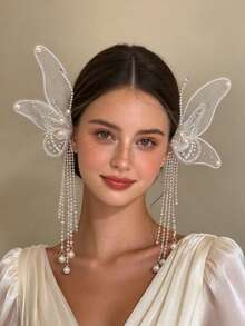 2pcs/Set Rhinestone Pearl Chain Butterfly Hair Clips, Double Layer Mesh Wings Tassel Edge Hair Accessories For Wedding Party Styling - Multicolor - View 1