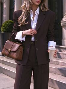 Fashionable Women's Lapel Blazer & Pleated Wide Leg Pants Set, Elegant Non-Stretch Fabric, Suitable For Autumn/Winter Office Wear, Solid Color - Chocolate Brown - View 5