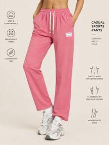 Women's Solid Color Corduroy Wide Leg Pants With Elastic Drawstring Waist - Pink - View 6