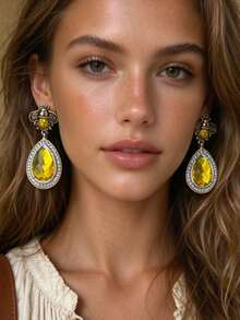 Yellow Teardrop Drop Earrings Bee Antique Metal Color Blocking Boho Vintage - Bee Teardrop Earrings - View 8