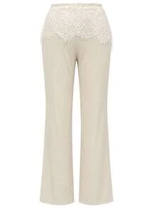 Plus Size Romantic Eyelash Lace Patchwork High Waist Ribbed Flare Pants, Sexy Slim Fit Bootcut Pants For Going Out - Apricot - View 5