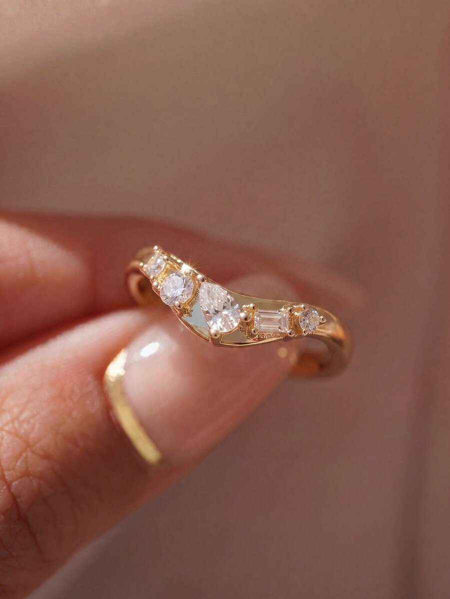 1pc Classic Zirconia Ring, Women's Jewelry, Party Gift, Birthday Gift, Daily Wear - Two Rings With Diamonds - View 1