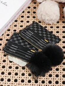 Women's Presbyopia Printed Credit Card Storage Wallet With Zipper Closure, Adorned With A Delicate Pom-Pom, Suitable For Portable Use - Black - View 10