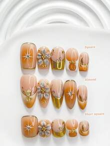 秋季 10 片裝平價奢華法式風格手工穿戴甲 Polygel 美甲套組，玫瑰金指甲油色，柔軟復古風，3 種尺寸可選，方型、短方型、杏仁型，適合派對、舞蹈、日常配戴（手工細節可能有所不同） - 彩色 - 查看 1