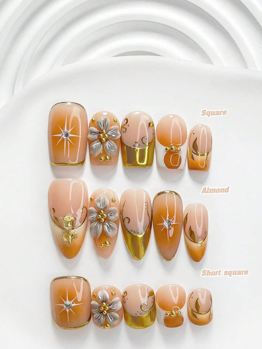秋季 10 片裝平價奢華法式風格手工穿戴甲 Polygel 美甲套組,玫瑰金指甲油色,柔軟復古風,3 種尺寸可選,方型、短方型、杏仁型,適合派對、舞蹈、日常配戴(手工細節可能有所不同) - 彩色 - 查看 1
