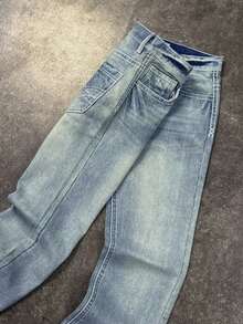 Jeans rectos de estilo Y2K vintage lavados para hombre, con costuras de contraste, estilo streetwear retro americano, bolsillos y efecto desgastado - Celeste - Ver 5