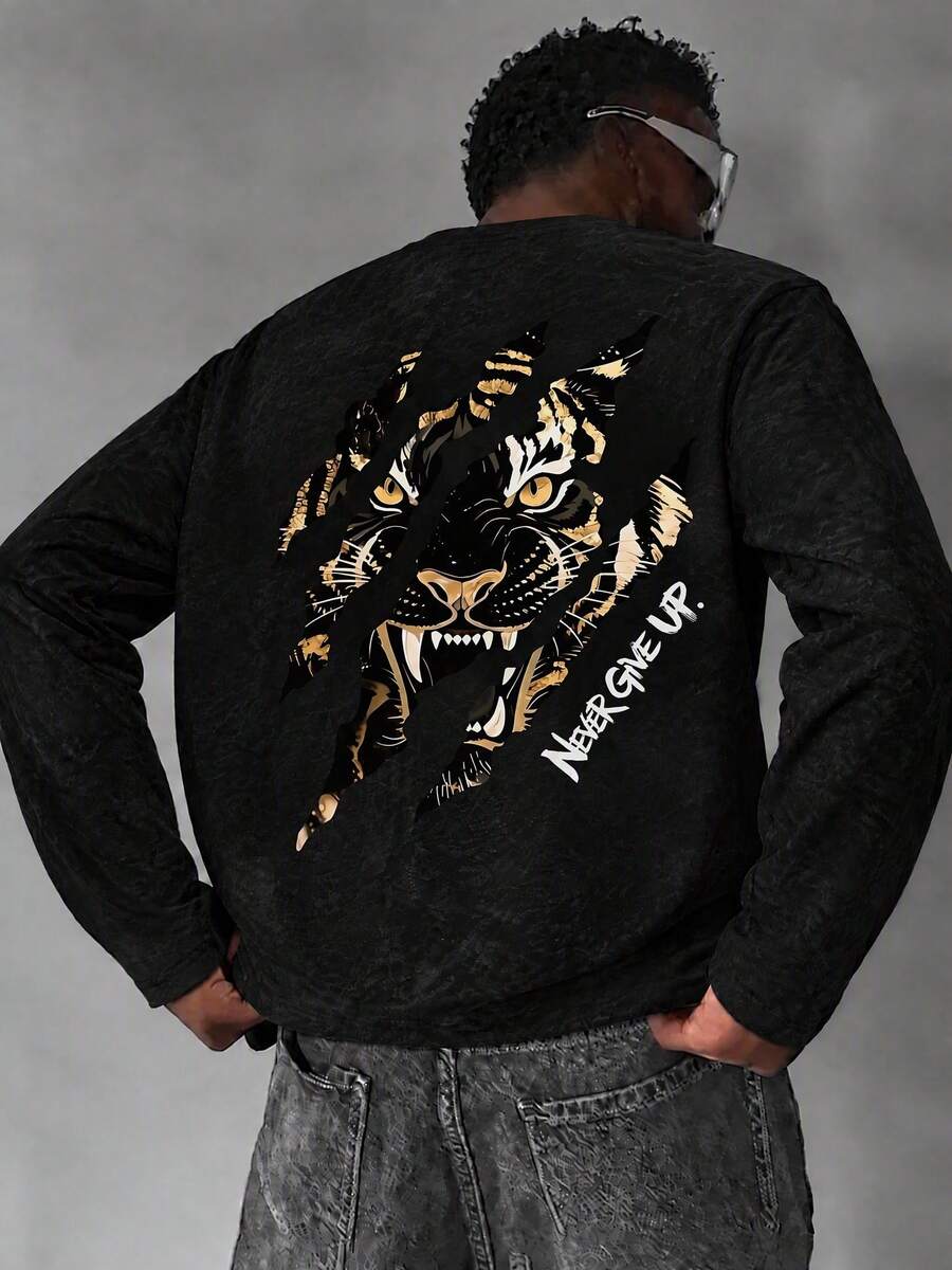 Men's Black Crew Neck Long Sleeve T-Shirt, Spring/Autumn, Back Ripped Claw Marks & Fierce Tiger Head Graphic Print, Loose Fit, Dropped Shoulder, Streetwear Top - Black - View 1