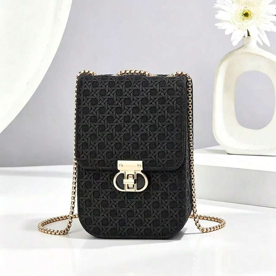 Vintage 3D Woven Embossed Phone Bag For Women, Metal Chain Lock Flap Portable Crossbody Small Bag - Multicolor - View 1