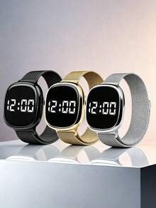 3 piezas Reloj electrónico con pantalla digital cuadrada/Reloj BFF con cierre magnético y correa de malla milanesa Reloj deportivo digital - Multicolor - Ver 3