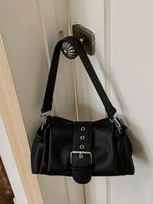 Metal Eyelet Decor Zipper Closure Minimalist Cool Style Pillow Bag Daily Commute Street Date Outfit Vintage Versatile Textured Shoulder Bag Adjustable Strap Crossbody Small Bag - Black - View 9
