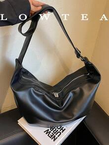 1pc Solid Color PU Fabric Shoulder Bag Women's Casual Large Capacity Big Button Hobo Bag Large Capacity Dumpling Bag College Student BOOK Bag Suitable For Daily Shopping Commuting Use - Black - View 4