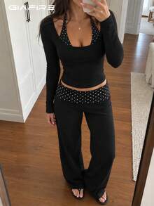 Women Fall Winter 2 Pieces Set, Long Sleeve Top & Polka Dot Wide Leg Pants, High Stretch, Y2K, FWTrends - Black - View 1